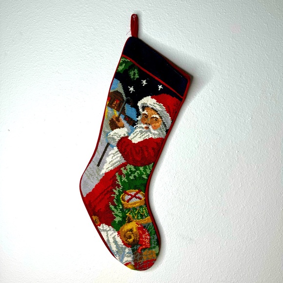 Needlepoint Cross Stitch Red Santa Claus Vintage Christmas Stocking Wool Classic - Picture 1 of 8